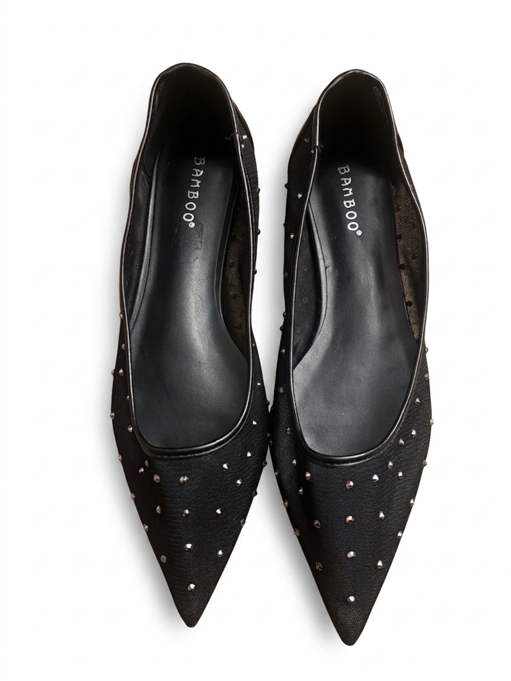 BAMBOO Black Pointed Toe Studded Flats